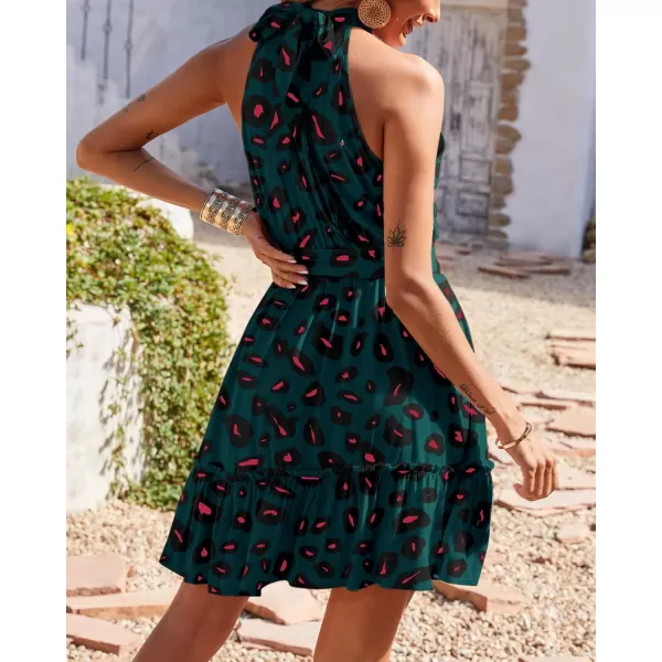 imageBTFBM Women 2023 Summer Halter Neck Dresses Sleeveless Casual Floral Polka Dot Print Short Boho Ruffle SundressDark GreenBlackOrange