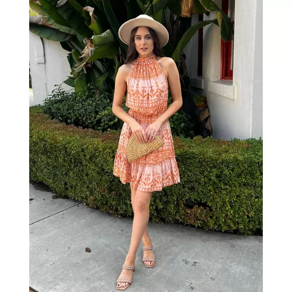 imageBTFBM Women 2023 Summer Halter Neck Dresses Sleeveless Casual Floral Polka Dot Print Short Boho Ruffle SundressOrangeWhite