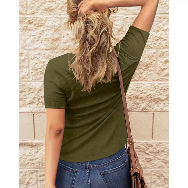 imageBTFBM Women 2023 Summer Henley Tunic Top V Neck Short Sleeve Button UP Solid Slim Fit Casual Ribbed Knit Shirt BlousesZarmy Green