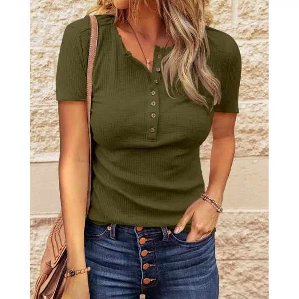 imageBTFBM Women 2023 Summer Henley Tunic Top V Neck Short Sleeve Button UP Solid Slim Fit Casual Ribbed Knit Shirt BlousesZarmy Green