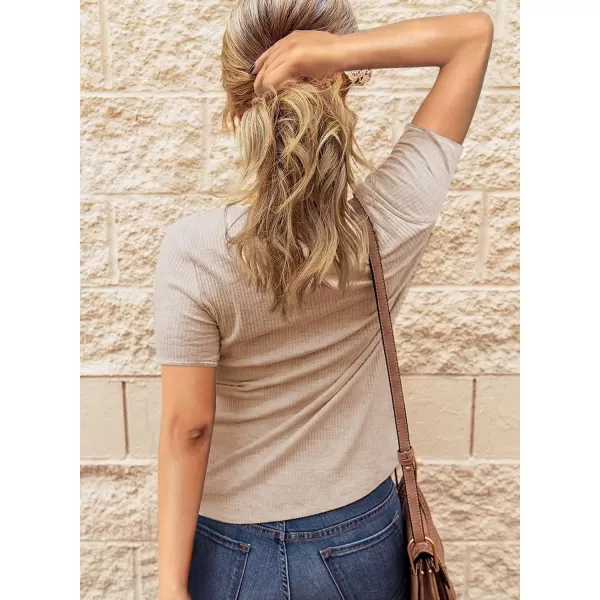 imageBTFBM Women 2023 Summer Henley Tunic Top V Neck Short Sleeve Button UP Solid Slim Fit Casual Ribbed Knit Shirt BlousesZbeige