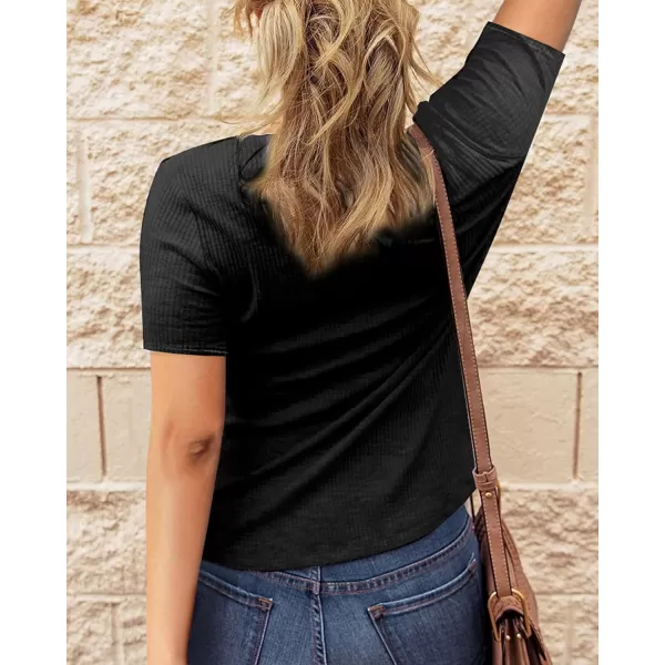 imageBTFBM Women 2023 Summer Henley Tunic Top V Neck Short Sleeve Button UP Solid Slim Fit Casual Ribbed Knit Shirt BlousesZblack
