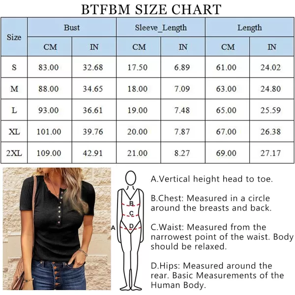 imageBTFBM Women 2023 Summer Henley Tunic Top V Neck Short Sleeve Button UP Solid Slim Fit Casual Ribbed Knit Shirt BlousesZblack