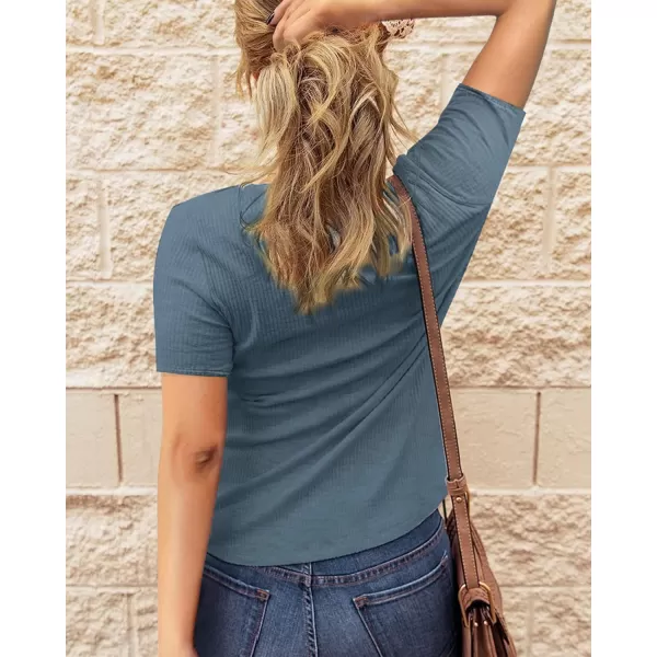 imageBTFBM Women 2023 Summer Henley Tunic Top V Neck Short Sleeve Button UP Solid Slim Fit Casual Ribbed Knit Shirt BlousesZblue