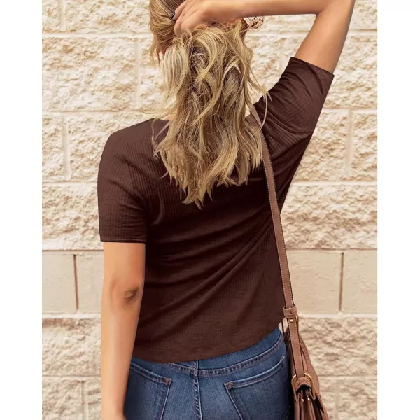 imageBTFBM Women 2023 Summer Henley Tunic Top V Neck Short Sleeve Button UP Solid Slim Fit Casual Ribbed Knit Shirt BlousesZbrown