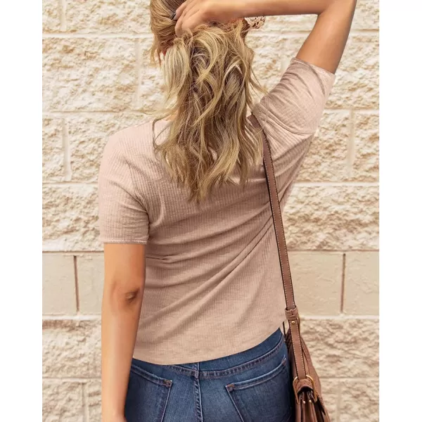 imageBTFBM Women 2023 Summer Henley Tunic Top V Neck Short Sleeve Button UP Solid Slim Fit Casual Ribbed Knit Shirt BlousesZdark Apricot