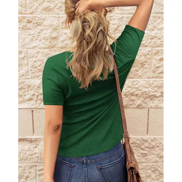 imageBTFBM Women 2023 Summer Henley Tunic Top V Neck Short Sleeve Button UP Solid Slim Fit Casual Ribbed Knit Shirt BlousesZdark Green