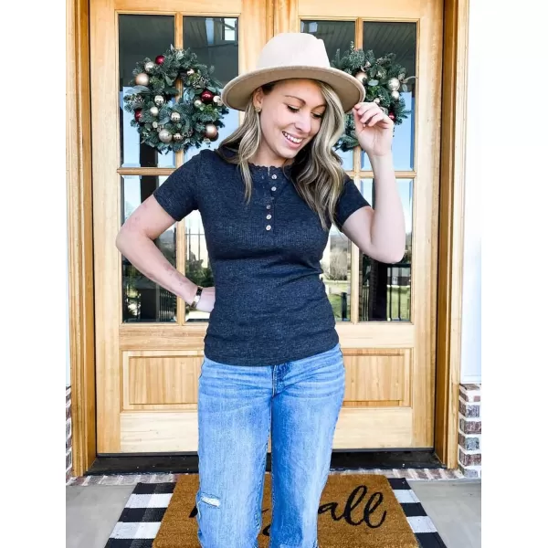 imageBTFBM Women 2023 Summer Henley Tunic Top V Neck Short Sleeve Button UP Solid Slim Fit Casual Ribbed Knit Shirt BlousesZgrey