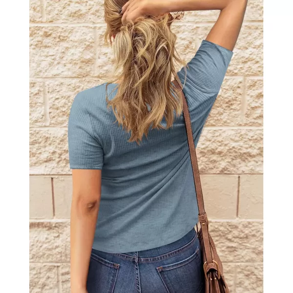 imageBTFBM Women 2023 Summer Henley Tunic Top V Neck Short Sleeve Button UP Solid Slim Fit Casual Ribbed Knit Shirt BlousesZgrey Blue