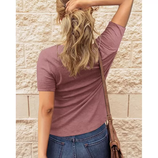 imageBTFBM Women 2023 Summer Henley Tunic Top V Neck Short Sleeve Button UP Solid Slim Fit Casual Ribbed Knit Shirt BlousesZgrey Pink
