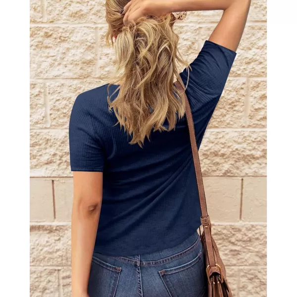 imageBTFBM Women 2023 Summer Henley Tunic Top V Neck Short Sleeve Button UP Solid Slim Fit Casual Ribbed Knit Shirt BlousesZnavy