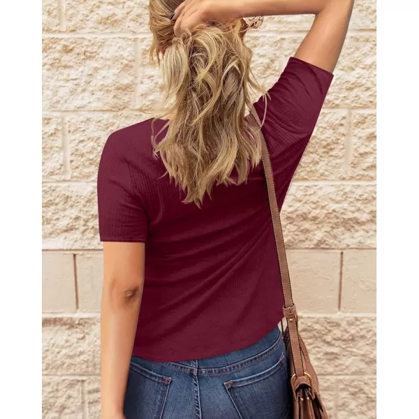 imageBTFBM Women 2023 Summer Henley Tunic Top V Neck Short Sleeve Button UP Solid Slim Fit Casual Ribbed Knit Shirt BlousesZwine Red