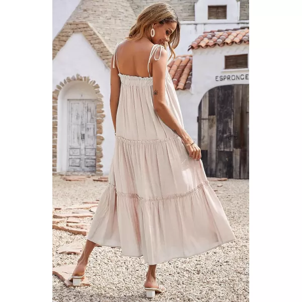 imageBTFBM Women 2023 Summer Maxi Dresses Sleeveless Spaghetti Strap Casual Sundress Tiered Ruffle Boho Cami Beach Long DressSolid Apricot