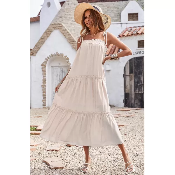 imageBTFBM Women 2023 Summer Maxi Dresses Sleeveless Spaghetti Strap Casual Sundress Tiered Ruffle Boho Cami Beach Long DressSolid Apricot