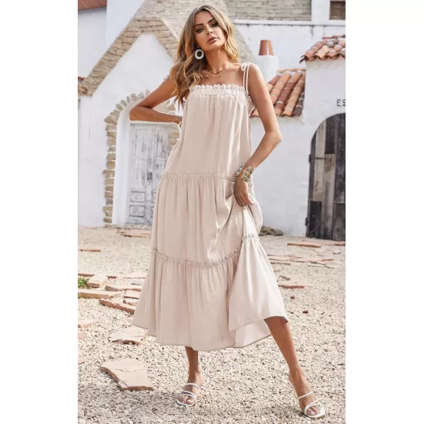 imageBTFBM Women 2023 Summer Maxi Dresses Sleeveless Spaghetti Strap Casual Sundress Tiered Ruffle Boho Cami Beach Long DressSolid Apricot