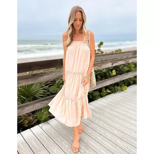 imageBTFBM Women 2023 Summer Maxi Dresses Sleeveless Spaghetti Strap Casual Sundress Tiered Ruffle Boho Cami Beach Long DressSolid Apricot