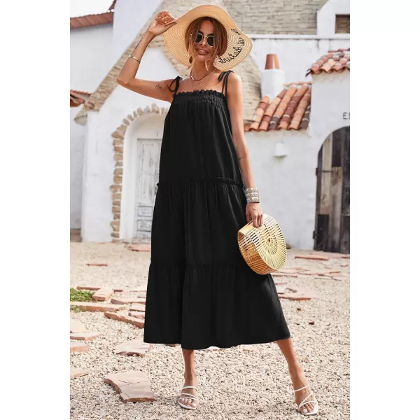imageBTFBM Women 2023 Summer Maxi Dresses Sleeveless Spaghetti Strap Casual Sundress Tiered Ruffle Boho Cami Beach Long DressSolid Black