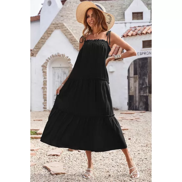 imageBTFBM Women 2023 Summer Maxi Dresses Sleeveless Spaghetti Strap Casual Sundress Tiered Ruffle Boho Cami Beach Long DressSolid Black