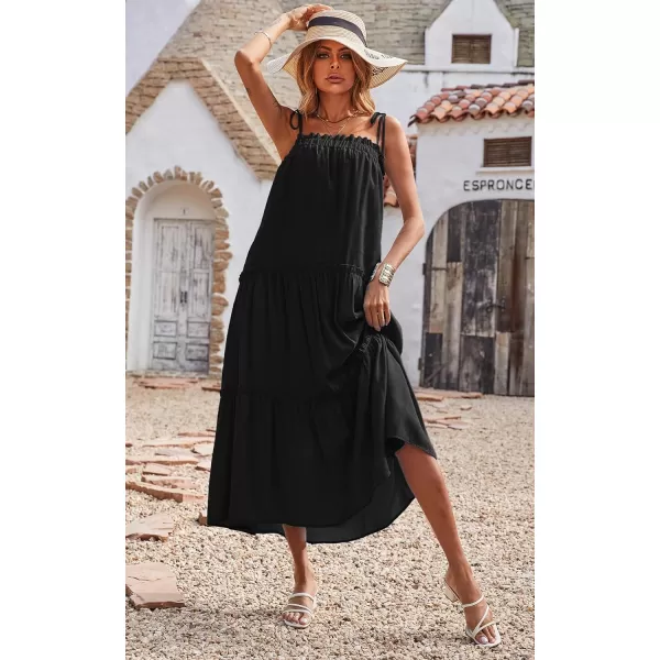 imageBTFBM Women 2023 Summer Maxi Dresses Sleeveless Spaghetti Strap Casual Sundress Tiered Ruffle Boho Cami Beach Long DressSolid Black