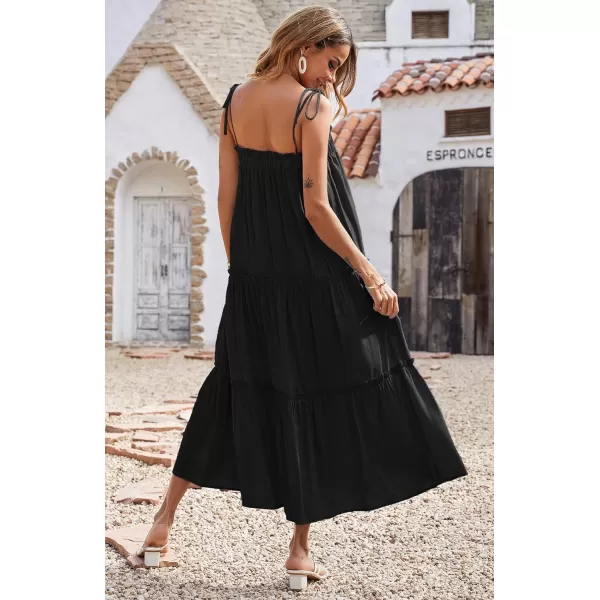 imageBTFBM Women 2023 Summer Maxi Dresses Sleeveless Spaghetti Strap Casual Sundress Tiered Ruffle Boho Cami Beach Long DressSolid Black