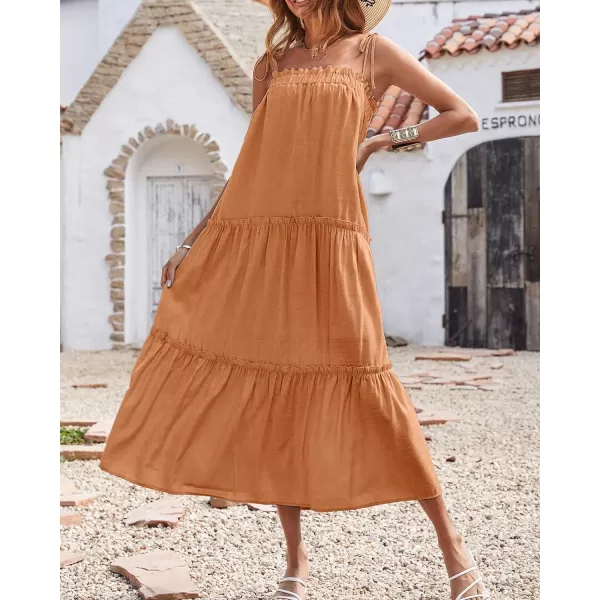imageBTFBM Women 2023 Summer Maxi Dresses Sleeveless Spaghetti Strap Casual Sundress Tiered Ruffle Boho Cami Beach Long DressSolid Brown Orange