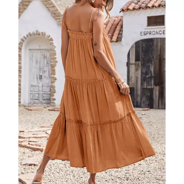 imageBTFBM Women 2023 Summer Maxi Dresses Sleeveless Spaghetti Strap Casual Sundress Tiered Ruffle Boho Cami Beach Long DressSolid Brown Orange