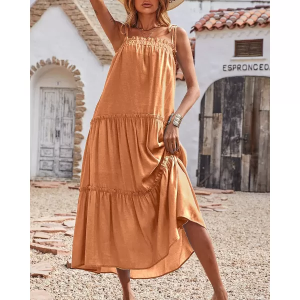 imageBTFBM Women 2023 Summer Maxi Dresses Sleeveless Spaghetti Strap Casual Sundress Tiered Ruffle Boho Cami Beach Long DressSolid Brown Orange