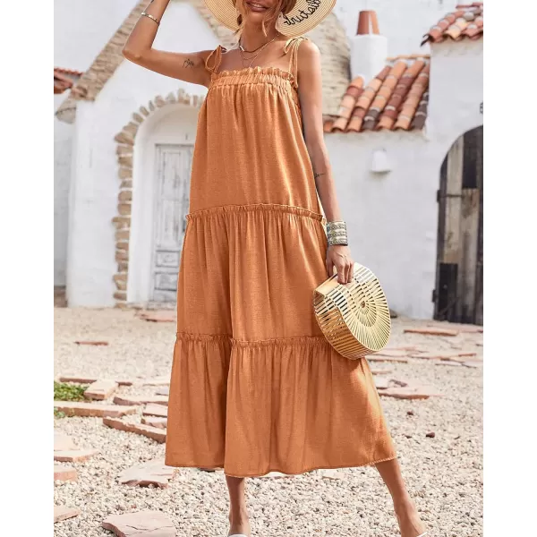 imageBTFBM Women 2023 Summer Maxi Dresses Sleeveless Spaghetti Strap Casual Sundress Tiered Ruffle Boho Cami Beach Long DressSolid Brown Orange