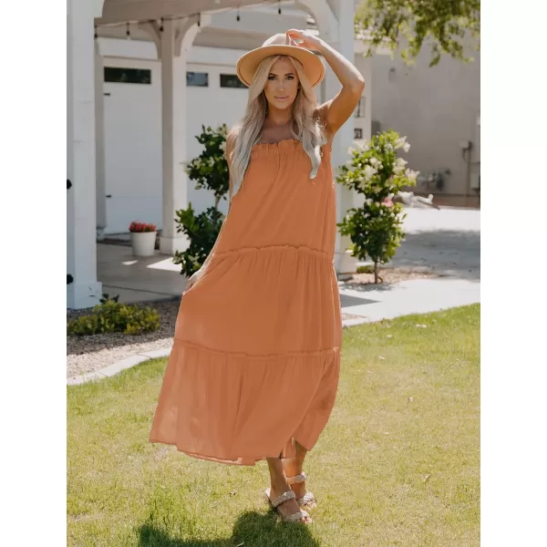 imageBTFBM Women 2023 Summer Maxi Dresses Sleeveless Spaghetti Strap Casual Sundress Tiered Ruffle Boho Cami Beach Long DressSolid Brown Orange