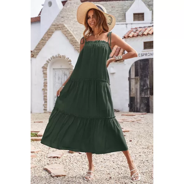 imageBTFBM Women 2023 Summer Maxi Dresses Sleeveless Spaghetti Strap Casual Sundress Tiered Ruffle Boho Cami Beach Long DressSolid Dark Green