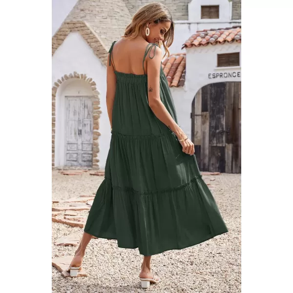 imageBTFBM Women 2023 Summer Maxi Dresses Sleeveless Spaghetti Strap Casual Sundress Tiered Ruffle Boho Cami Beach Long DressSolid Dark Green