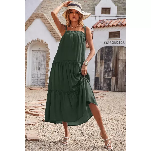 imageBTFBM Women 2023 Summer Maxi Dresses Sleeveless Spaghetti Strap Casual Sundress Tiered Ruffle Boho Cami Beach Long DressSolid Dark Green