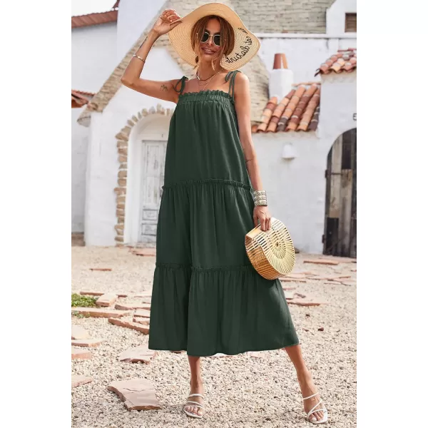 imageBTFBM Women 2023 Summer Maxi Dresses Sleeveless Spaghetti Strap Casual Sundress Tiered Ruffle Boho Cami Beach Long DressSolid Dark Green
