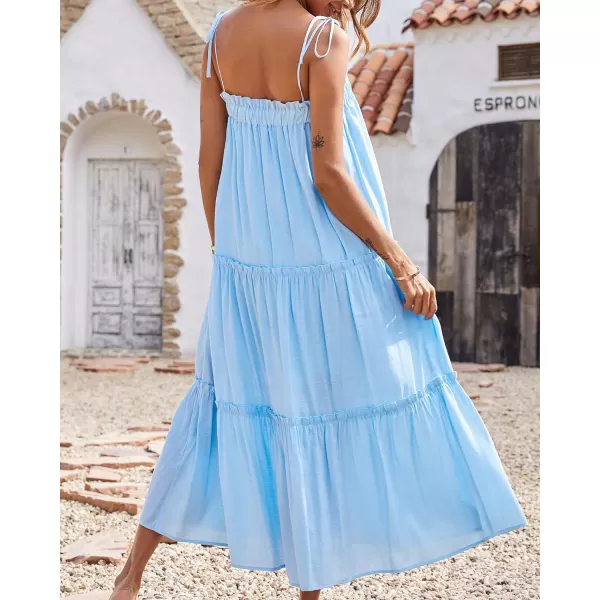 imageBTFBM Women 2023 Summer Maxi Dresses Sleeveless Spaghetti Strap Casual Sundress Tiered Ruffle Boho Cami Beach Long DressSolid Light Blue