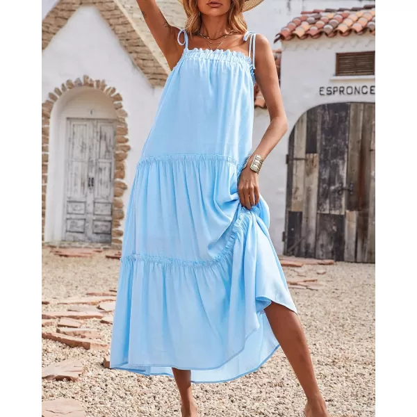imageBTFBM Women 2023 Summer Maxi Dresses Sleeveless Spaghetti Strap Casual Sundress Tiered Ruffle Boho Cami Beach Long DressSolid Light Blue