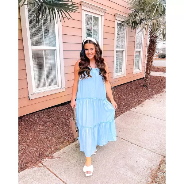imageBTFBM Women 2023 Summer Maxi Dresses Sleeveless Spaghetti Strap Casual Sundress Tiered Ruffle Boho Cami Beach Long DressSolid Light Blue