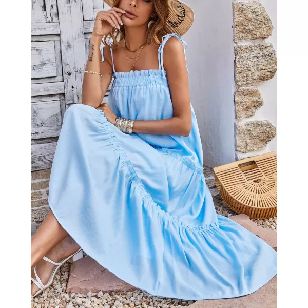 imageBTFBM Women 2023 Summer Maxi Dresses Sleeveless Spaghetti Strap Casual Sundress Tiered Ruffle Boho Cami Beach Long DressSolid Light Blue