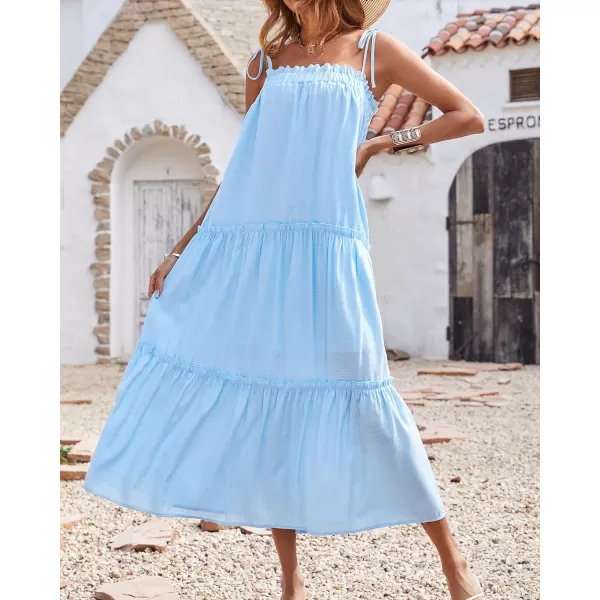 imageBTFBM Women 2023 Summer Maxi Dresses Sleeveless Spaghetti Strap Casual Sundress Tiered Ruffle Boho Cami Beach Long DressSolid Light Blue