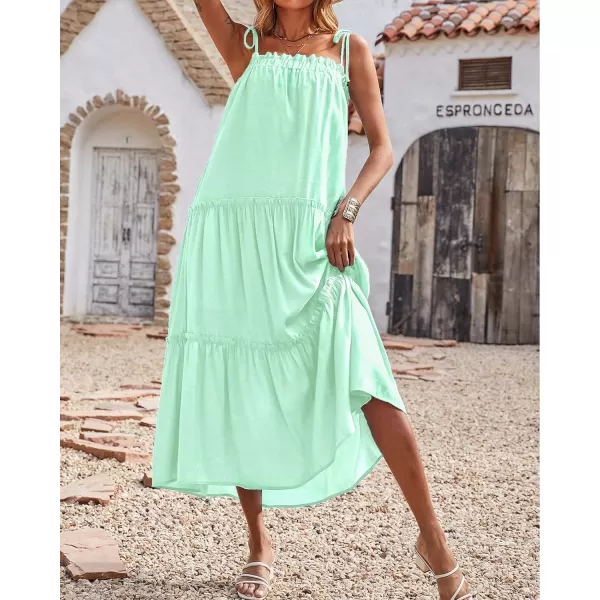 imageBTFBM Women 2023 Summer Maxi Dresses Sleeveless Spaghetti Strap Casual Sundress Tiered Ruffle Boho Cami Beach Long DressSolid Light Green