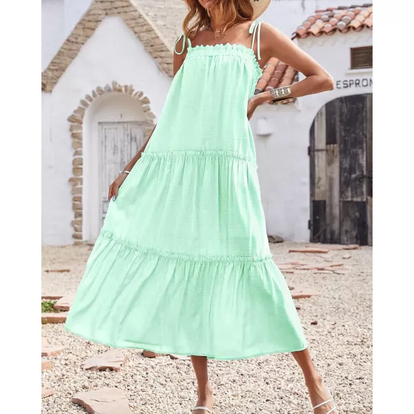 imageBTFBM Women 2023 Summer Maxi Dresses Sleeveless Spaghetti Strap Casual Sundress Tiered Ruffle Boho Cami Beach Long DressSolid Light Green