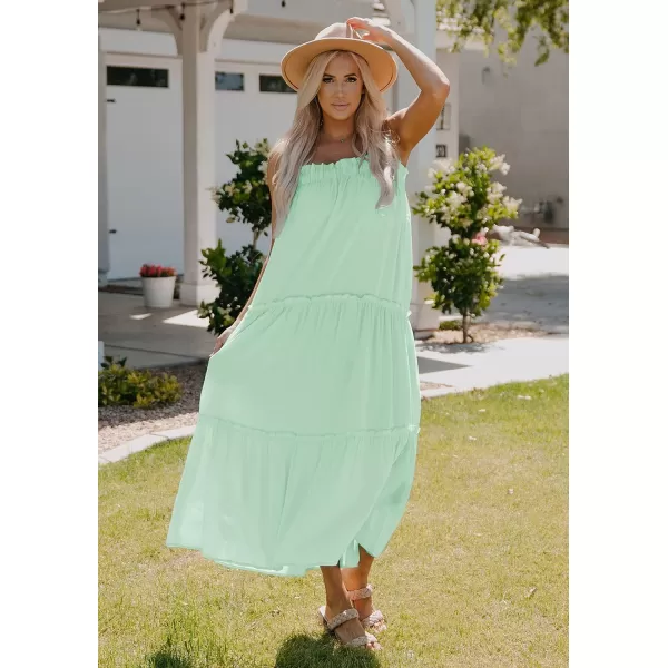 imageBTFBM Women 2023 Summer Maxi Dresses Sleeveless Spaghetti Strap Casual Sundress Tiered Ruffle Boho Cami Beach Long DressSolid Light Green