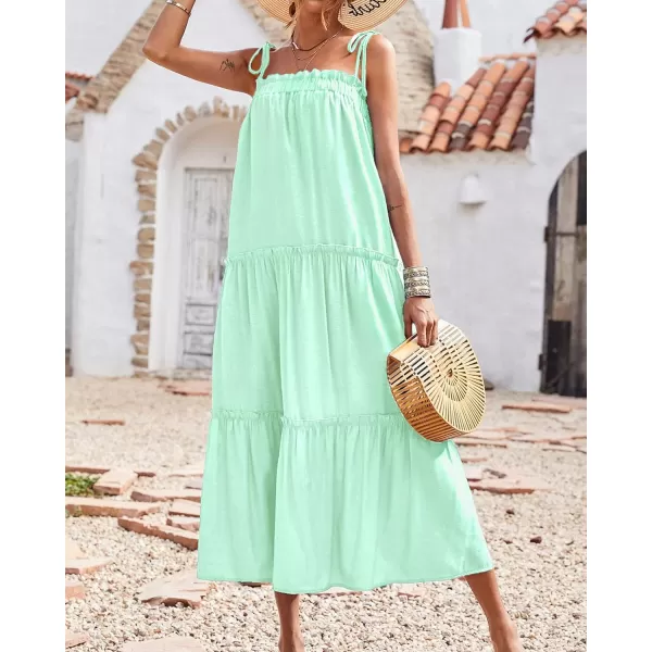 imageBTFBM Women 2023 Summer Maxi Dresses Sleeveless Spaghetti Strap Casual Sundress Tiered Ruffle Boho Cami Beach Long DressSolid Light Green