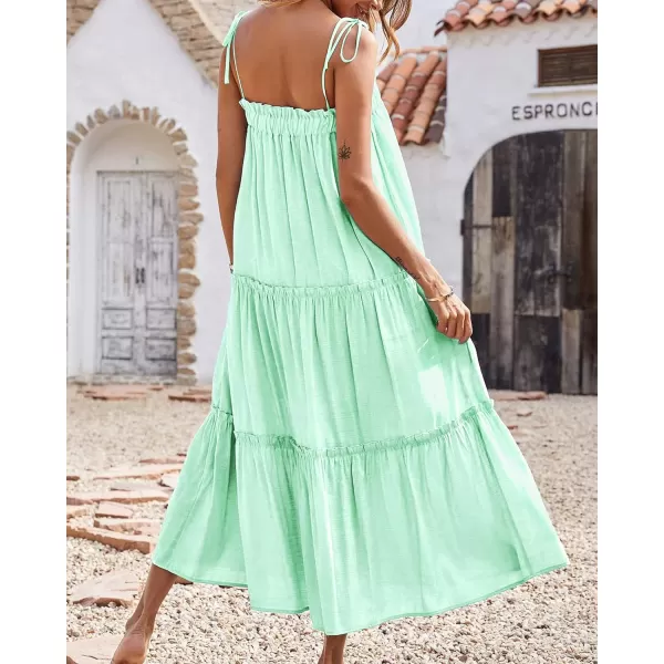 imageBTFBM Women 2023 Summer Maxi Dresses Sleeveless Spaghetti Strap Casual Sundress Tiered Ruffle Boho Cami Beach Long DressSolid Light Green