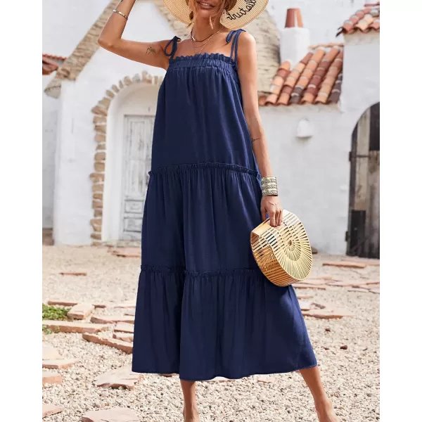 imageBTFBM Women 2023 Summer Maxi Dresses Sleeveless Spaghetti Strap Casual Sundress Tiered Ruffle Boho Cami Beach Long DressSolid Navy