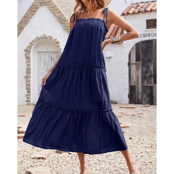 imageBTFBM Women 2023 Summer Maxi Dresses Sleeveless Spaghetti Strap Casual Sundress Tiered Ruffle Boho Cami Beach Long DressSolid Navy