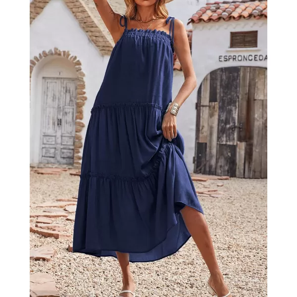 imageBTFBM Women 2023 Summer Maxi Dresses Sleeveless Spaghetti Strap Casual Sundress Tiered Ruffle Boho Cami Beach Long DressSolid Navy