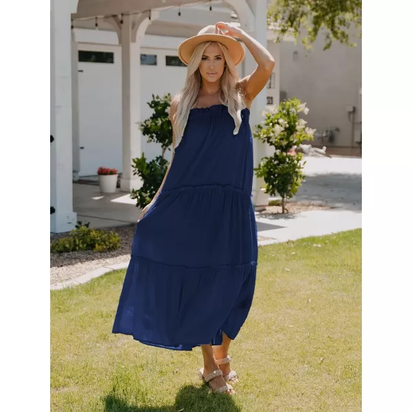 imageBTFBM Women 2023 Summer Maxi Dresses Sleeveless Spaghetti Strap Casual Sundress Tiered Ruffle Boho Cami Beach Long DressSolid Navy