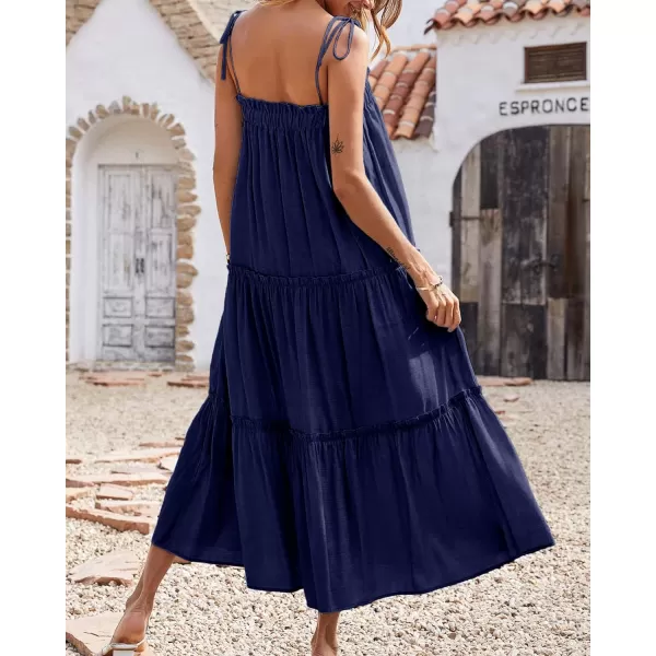 imageBTFBM Women 2023 Summer Maxi Dresses Sleeveless Spaghetti Strap Casual Sundress Tiered Ruffle Boho Cami Beach Long DressSolid Navy