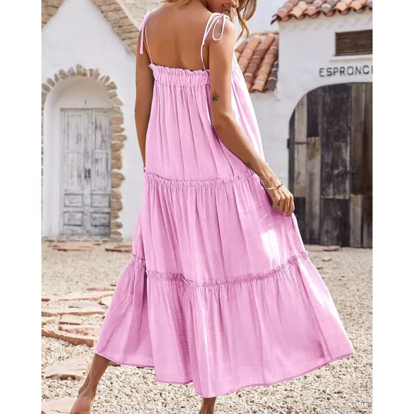 imageBTFBM Women 2023 Summer Maxi Dresses Sleeveless Spaghetti Strap Casual Sundress Tiered Ruffle Boho Cami Beach Long DressSolid Pink