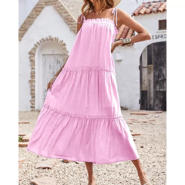 imageBTFBM Women 2023 Summer Maxi Dresses Sleeveless Spaghetti Strap Casual Sundress Tiered Ruffle Boho Cami Beach Long DressSolid Pink